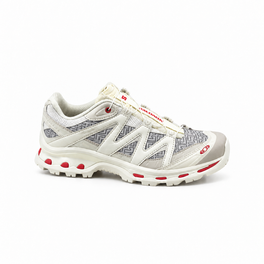 Salomon Quest GTX Castle Rock - cream and grey trail sneaker with red accents, side view