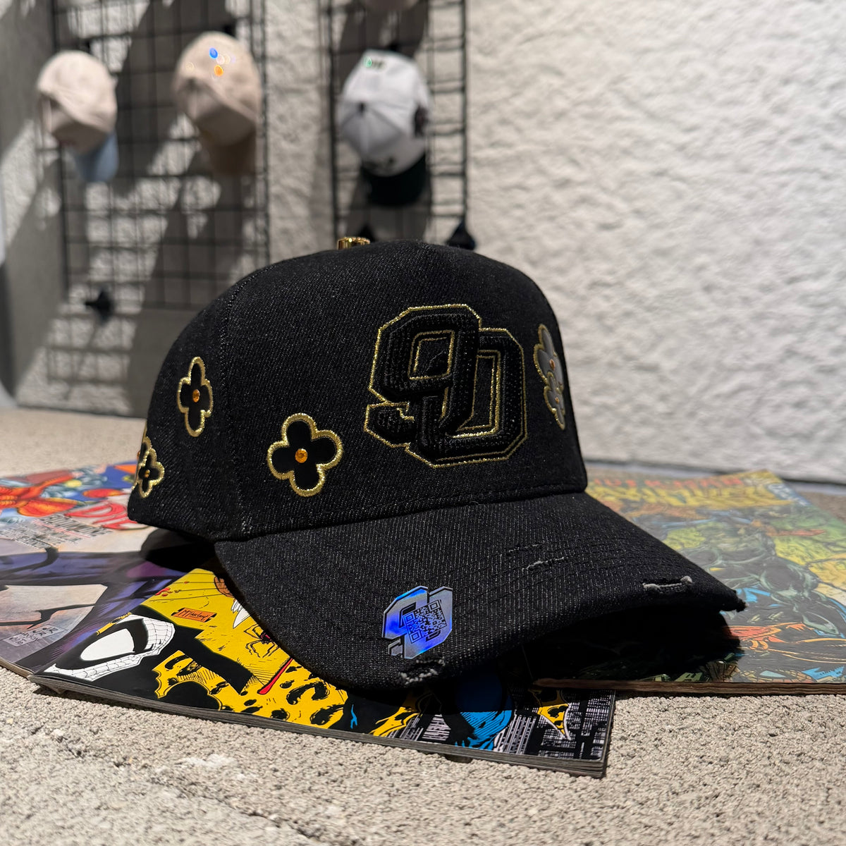 Capfans Cap - black cap with gold "SD" letters and flower embroidery