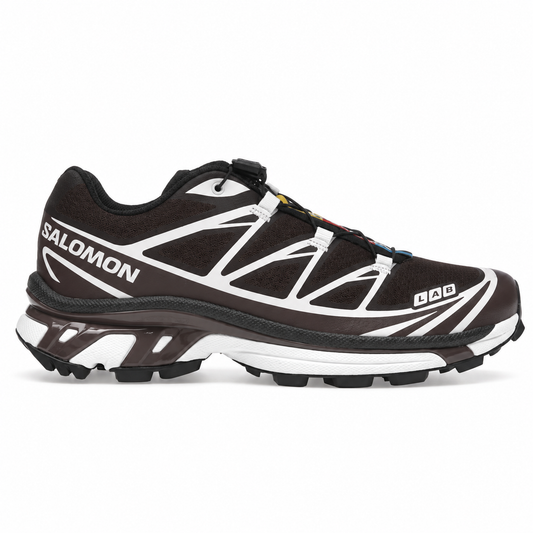 Salomon XT 6 Coffee French Toast - dark brown trail sneaker with white overlays, side view