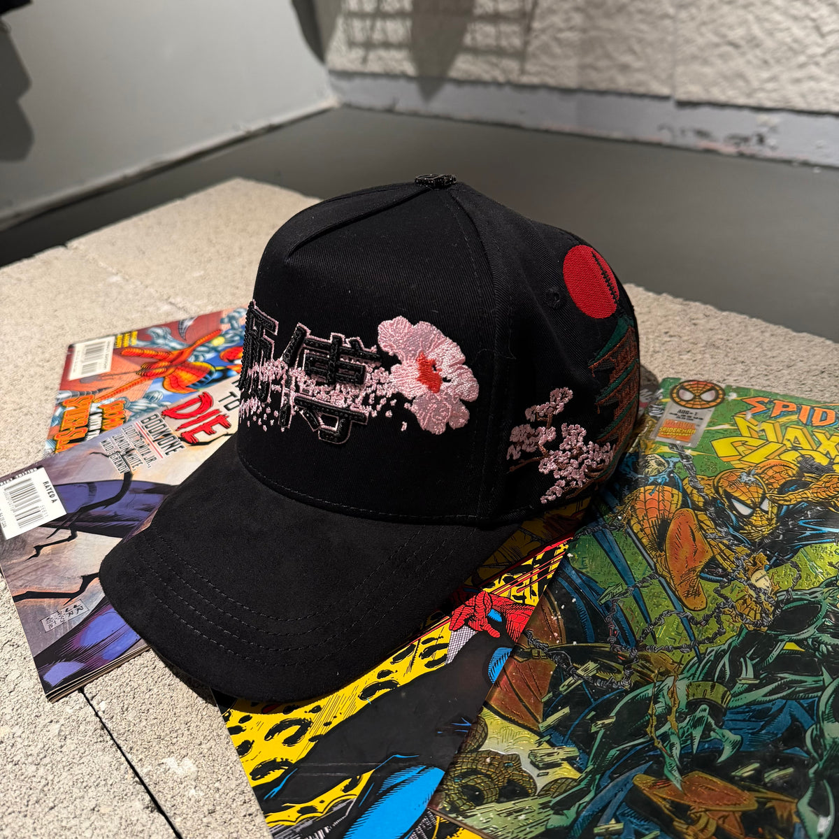 Capfans Cap - black cap with pink flower and lettering embroidery