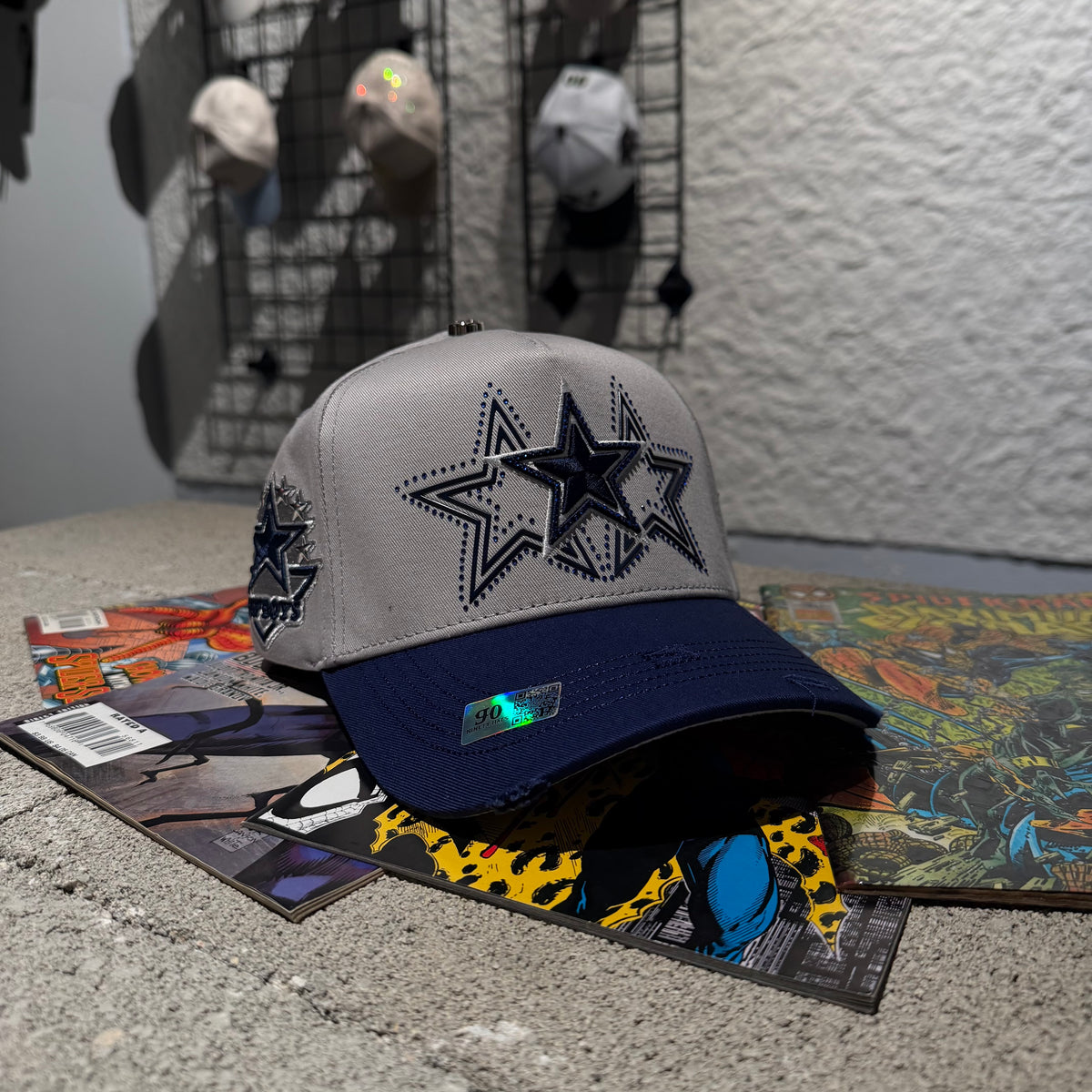 Capfans Cap - grey and navy cap with rhinestone star logo