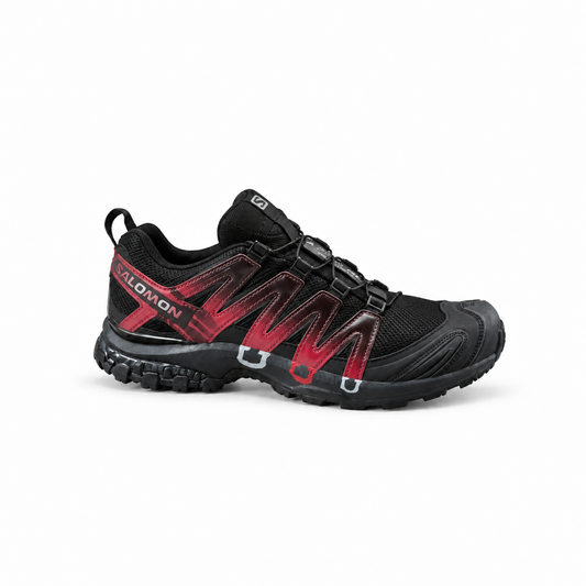 Salomon Quest GTX Black Red - black trail sneaker with red overlays, side view